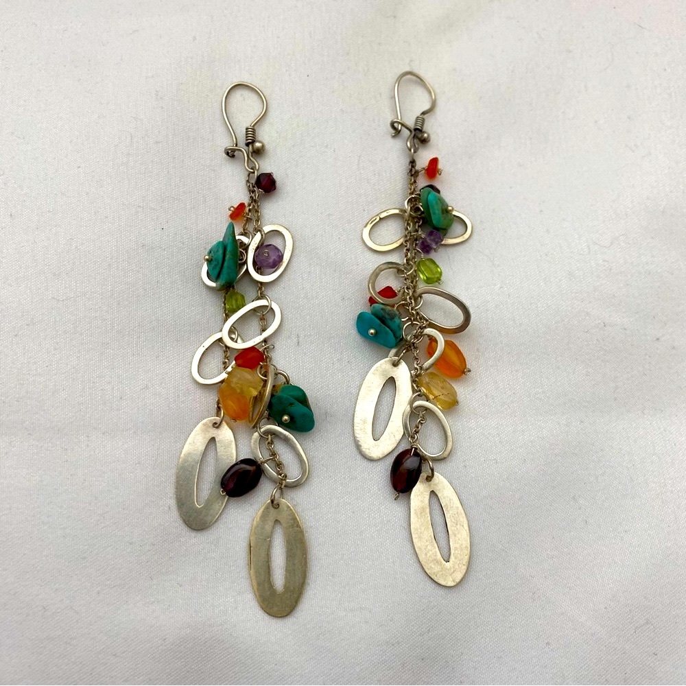 Vintage Earrings Dangling Beads and Silver Toned Ovals Slip On